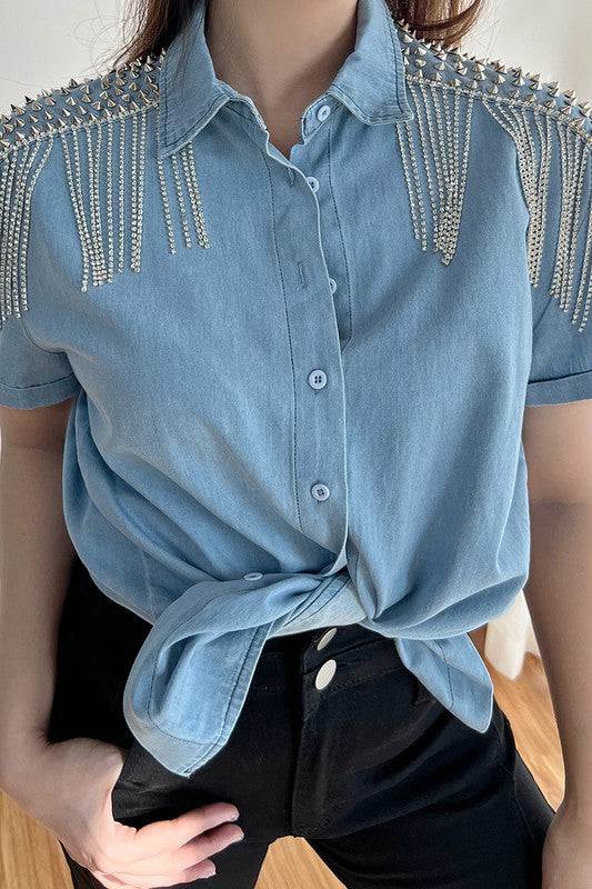 Rhinestones Fringe Button Down Denim Shirt