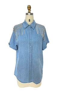 Rhinestones Fringe Button Down Denim Shirt