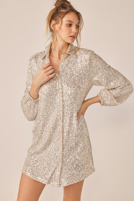 Donna Sequin Mini Shirt Dress