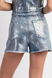 Emilia Silver Foiled Denim Shorts Pocket Detail