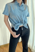 Load image into Gallery viewer, Rhinestones Fringe Button Down Denim Shirt