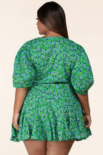 Load image into Gallery viewer, Green Floral Puff Sleeve Wrap Mini Dress-CURVES