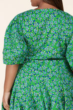 Load image into Gallery viewer, Green Floral Puff Sleeve Wrap Mini Dress-CURVES