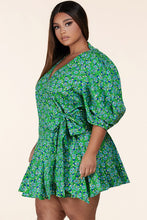 Load image into Gallery viewer, Green Floral Puff Sleeve Wrap Mini Dress-CURVES