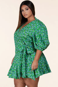 Green Floral Puff Sleeve Wrap Mini Dress-CURVES