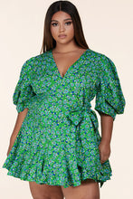 Load image into Gallery viewer, Green Floral Puff Sleeve Wrap Mini Dress-CURVES