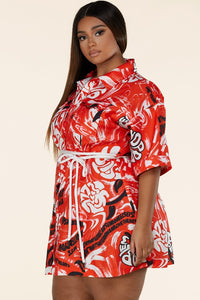 Red Graffiti Print Button-Up Mini Dress- CURVES