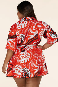 Red Graffiti Print Button-Up Mini Dress- CURVES