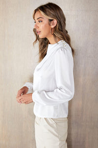 One Shoulder Elastic Cuff Silky Blouse