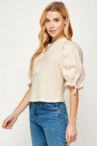 Crochet Top with Poplin Short Sleeve