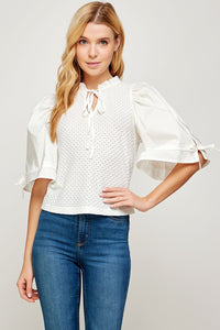 Crochet Top with Poplin Short Sleeve