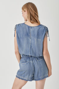 Drawstring Shoulder Overlap Denim Romper