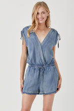 Load image into Gallery viewer, Drawstring Shoulder Overlap Denim Romper