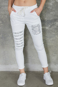 Indiana double sequin stripe knee patched crinkle jogger