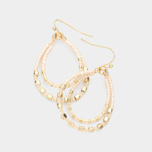 Metal Cube Tiny Beaded Double Teardrop Dangle Earrings