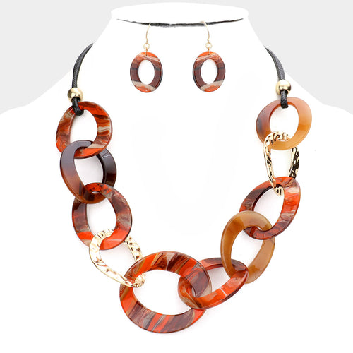 Celluloid Acetate Hammered Open Metal Oval Link Necklace