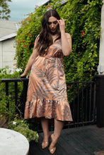 Load image into Gallery viewer, Tropical leaf print copper midi dress