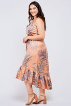 Load image into Gallery viewer, Tropical leaf print copper midi dress